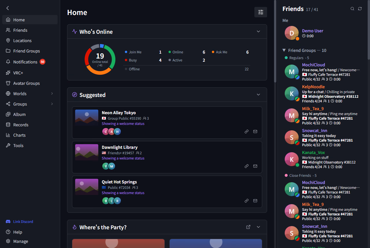 Home dashboard — who is online and which worlds friends are in, in the VRCPersona window