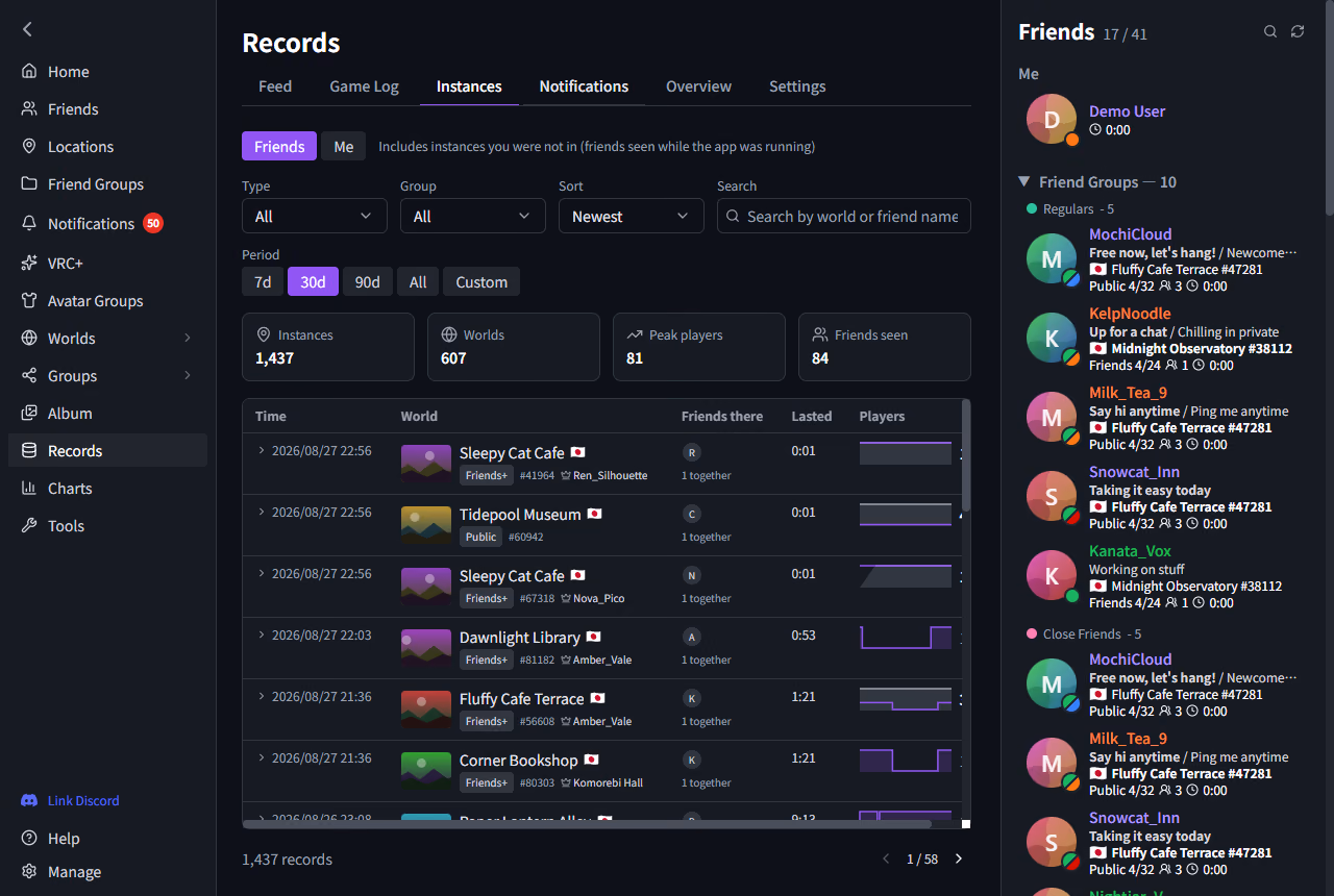Records — instance history listed by date, in the VRCPersona window