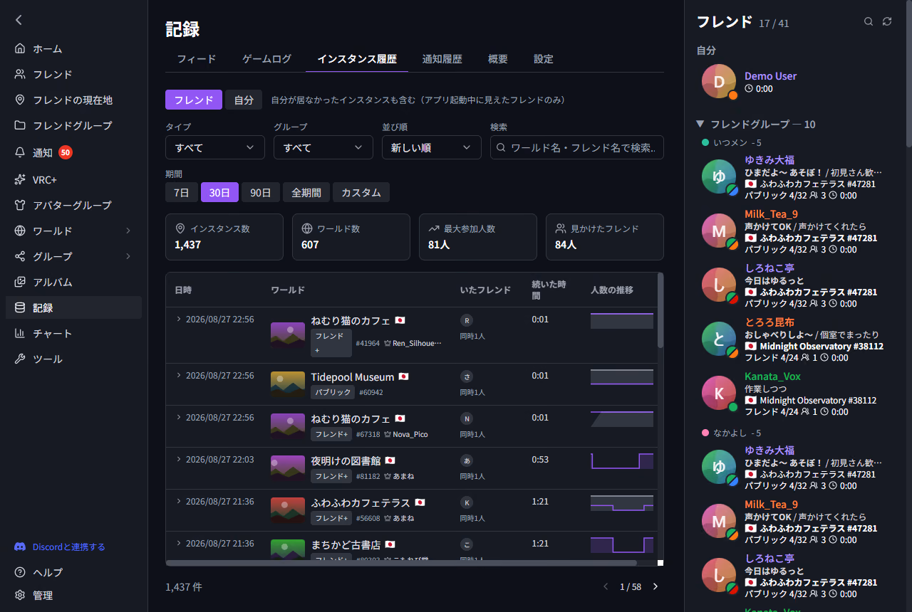 記録 — インスタンスの履歴が日付順に並ぶVRCPersonaの画面