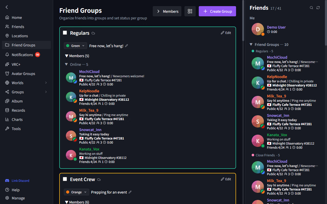 VRCPersona main window — friend group list