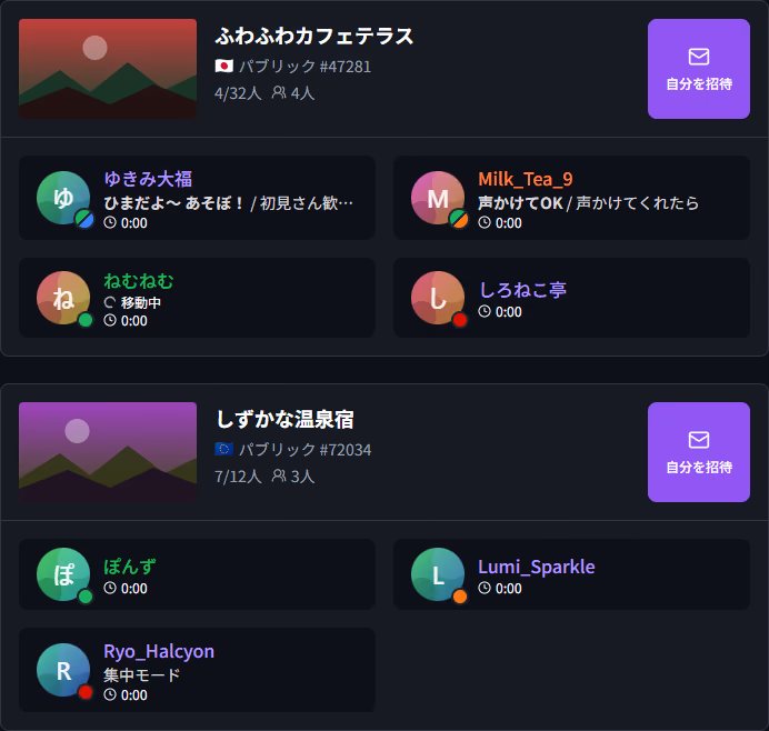 フレンドの現在地 — ワールドごとにフレンドがまとまって並んでいるVRCPersonaの画面