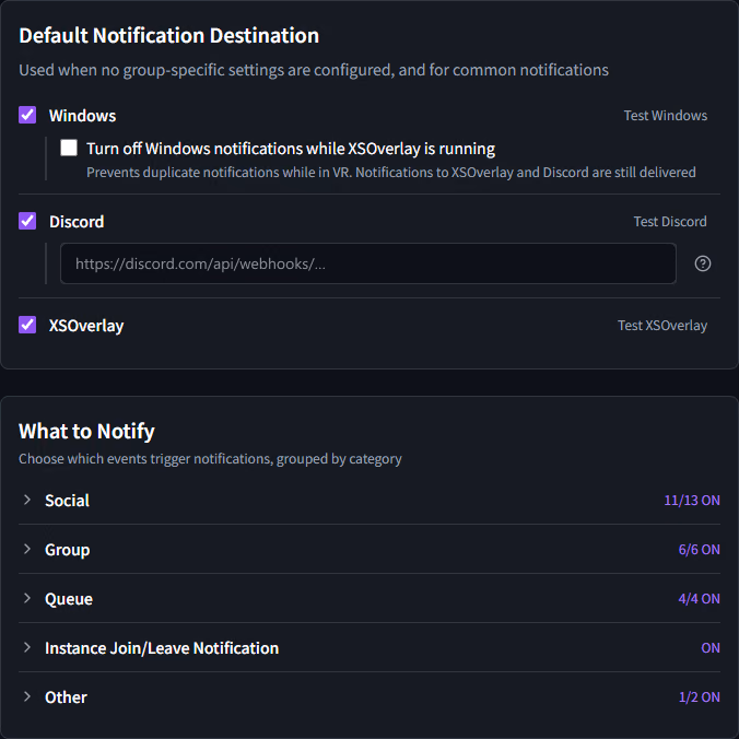 Notification settings — Windows, Discord and XSOverlay listed as destinations, in the VRCPersona window