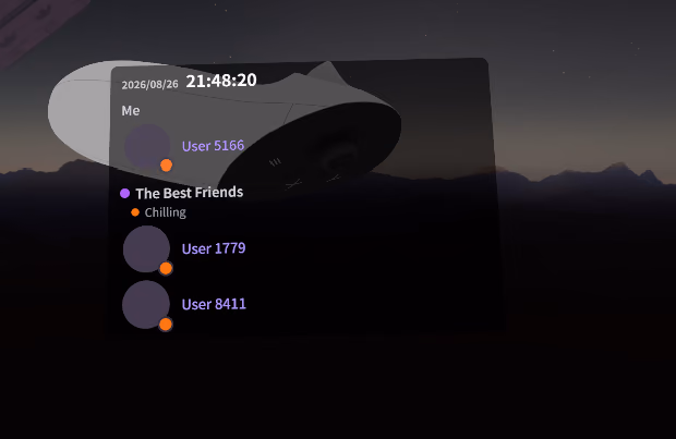 On your wrist — the friend group panel riding along your arm inside VRChat
