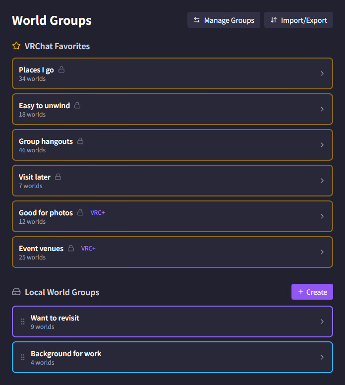 World groups — VRChat favorite slots and in-app local groups side by side on one screen